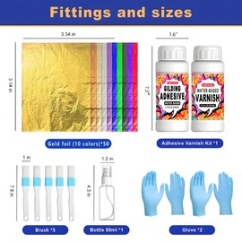 Ninesung Gold Leaf Kit | Gold Leaf Adhesive Set | 17.5 Fl.oz Water Based Adhesive & Varnish | 10 Colors Gold Leaf 500 Sheets | 5 Brushes | with Spray Bottle for Art, Gilding, Crafts, DIY, Nails
