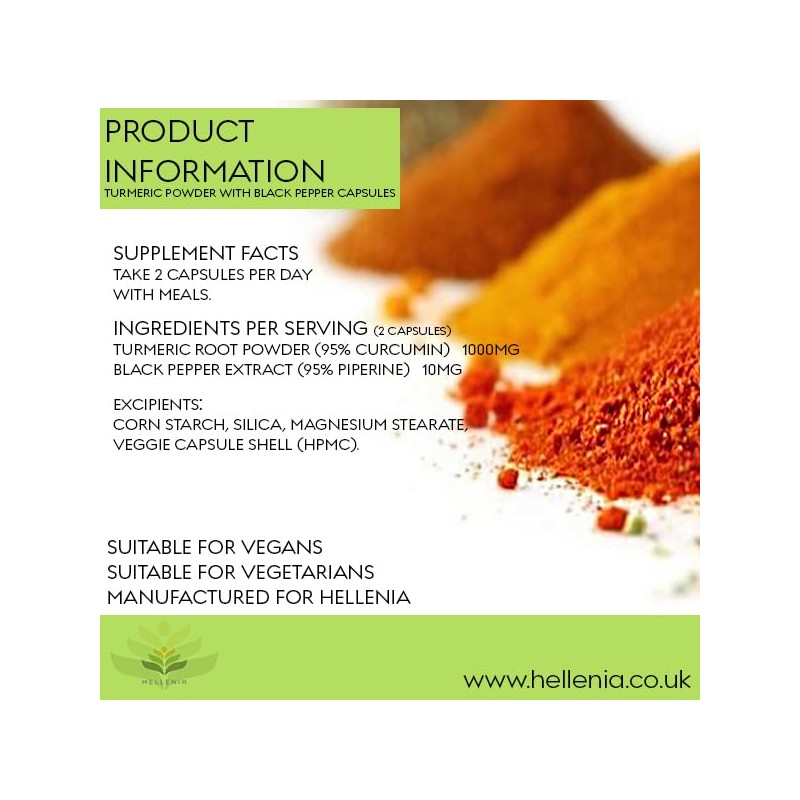 Hellenia Turmeric 500mg with Black Pepper (Piperine) - 90 Capsules