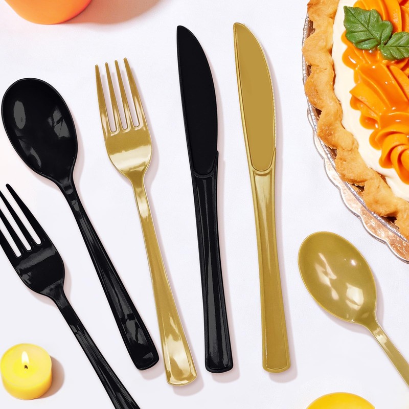 150 pcs Black and Gold Plastic Cutlery Set Disposable Heavy
