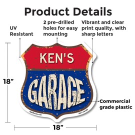 Ken's Garage 18 inch X 18 inch Shield Shaped Commercial Grade Plastic Sign Weather Resistant, UV Protected To last, Gift for Dads and Uncles Classic Americana Crafted in the USA