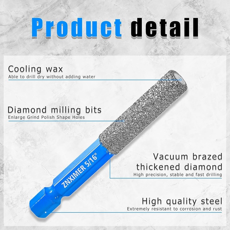 ZNXIMER 5pcs Diamond Drill Bits Set for Ceramic, Porcelain, Glass,