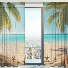 senya Beach Sheer Curtains 2 Panels, Tropical Beach Starfish Window Soft Tulle Voile Curtains for Living Room Bedroom 84 Inches
