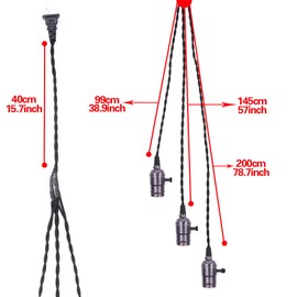 Swpeet Vintage Triple Light Sockets Pendant Hanging Light Cord with Switches, E26 / E27 Solid Industrial Triple Lamp Sockets Cord for Kitchens, Dining Rooms, Bars and Restaurants (Black)