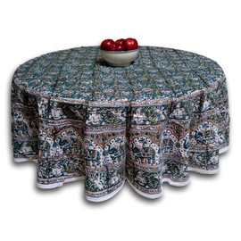India Arts Cotton Hand Block Print Floral Tablecloth Round Green 72 inches