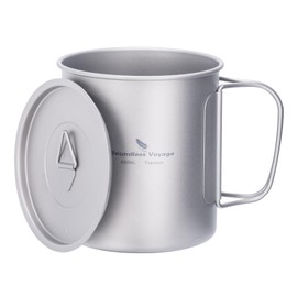 Boundless Voyage Single Walled Titanium Cup with Lid Folding Handle Outdoor Camping Ultralight Water Tea Coffee Cup (600ml 1packed)