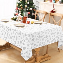 FRAMICS Christmas Table Cloth 60 x 120 Inch, Waterproof White Silver Snowflake Tablecloth Rectangular, Washable Xmas Table Cover Spillproof Winter Table Cloths Cover for Holiday Christmas Decorations