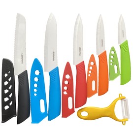 Ceramic Knife Set Knives Set for Kitchen Ceramic Kitchen Knives Colored w Sheath 6" Bread Knife 6" Chef Knife 5" Utility Knife 4" Fruit Knife 3" Paring Knife 1 Peeler Colorful Rust Free Proof