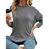Remidoo Women's Side Slit Oversized Sweatshirt Ribbed Texture Crewneck Long