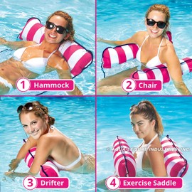 Aqua 4-in-1 Monterey Hammock Inflatable Pool Float, Multi-Purpose Pool Hammock (Saddle, Lounge Chair, Hammock, Drifter) Pool Chair, Portable Water Hammock, Pink/White Stripe