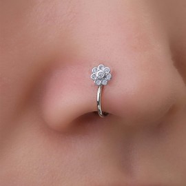 Aneneiceera Vintage Crystal Flower Nose Ring Hoop Silver Rhinestone Nose Ring Stud Tiny Round Nose Screw Stud Ring Boho Cz No Piercing Nose Hoop Clip on Nose Ring Jewelry for Women (Silver)