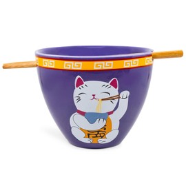 Boom Trendz Bowl Bop Purple Lucky Cat Japanese Ceramic Dinnerware Set | Includes 16-Ounce Ramen and Wooden Chopsticks Asian Food Dish for Home Kitchen Kawaii Anime Gifts, Maneki Neko Collectible