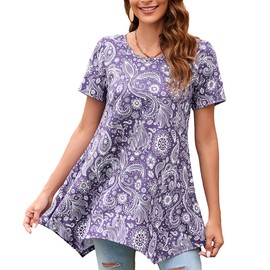 Enmain Tunic Tops for Women UK Short Sleeve Purple Swing Tops Round Neck Ladies Summer Elegant Hanky Ham Tunics for Holiday, Purple, 3XL