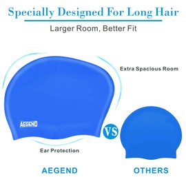 Aegend Swim Caps for Long Hair (2 Pack), Durable Silicone Swimming Caps with Spacious Space for Women Men Adults, Easy to Put On and Off, Black Blue