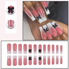 Gifiky 24Pcs French Tip Press on Nails - Long Coffin False Nails with Acrylic Pearls Bow Design,Pink Fake Nails for Women,Reusable Glue on Nails Full Cover Tips
