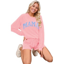 Opemiby Womens Ribbed Pajama Sets Long Sleeve Top and Shorts Matching Lounge Set Loungewear Sweatsuit with Pockets Mother Day MAMA L