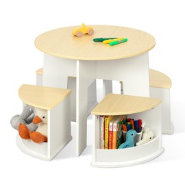 OOOK Toddler Table and Chair Set, Wooden Round Table with 4 Storage Stools, Kids Tables and Chairs for Arts, Crafts, Read and Play