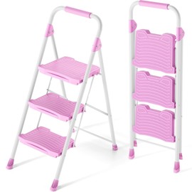 KINGRACK 3 Step Ladder, Sturdy Step Stool with Handrail, Anti-Slip Wide Pedals, 900lbs Foldable Step Stool for Home, Garage, Garden, Household, Large Loading Capacity, Pink
