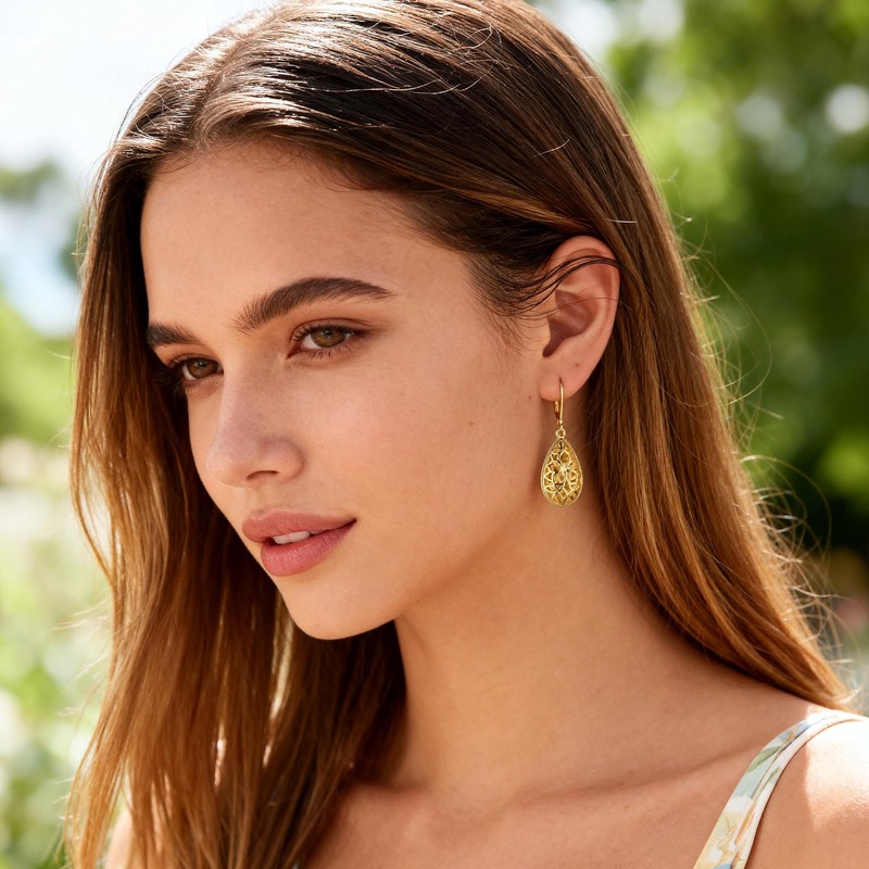 Teardrop Gold Filigree Leverback Dangle Earrings for Women Trendy Gifts