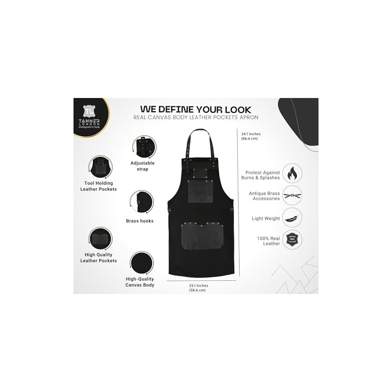 Canvas Apron with Leather Pockets & Holders – Chefs, Bakers,