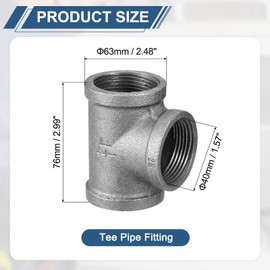 sourcing map 1 9/16"(40mm) Tee Pipe Fitting, Malleable Cast Iron Threaded Pipe Fitting for Vintage Shelves Bracket DIY Furniture Plumbing Pipe, 1Pcs