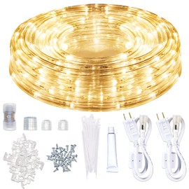 SURNIE LED Rope Lights Outdoor Warm White, Waterproof 50FT Cuttable 3000K Lighting Indoor 110V Connectable Flexible Electric Lights for Christmas Trees Bedroom Outside Patio Decor, Not Flat Strip