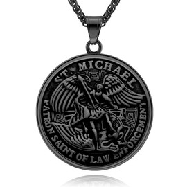 Hoyazvet St Michael Necklace for Men Women Black Retro Religious Saint Archangel Michael Medal Necklace Punk Christian Faith Jewelry Gift