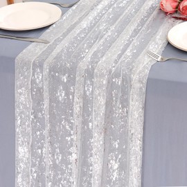 LOMOHOO 2 x Silver Table Runners, 70 x 300 cm Table Runner with Silver Foil, Silver Wedding Decoration Table Runner, Boho Table Runner, Shiny Table Decoration for Birthdays, Party, Christening, Golden