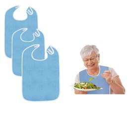 3 PCS Towel Adult Bibs for Eating, Adjustable Bibs for Elderly Disabled Men Women, Reusable Waterproof Clothing Protector, 30"X18" (Blue)
