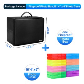 ENGPOW Fireproof Photo Storage Box with 16 Inner 4" x 6" Photo Cases(Multi-Colored), Photo Organizer with Lock, Collapsible Portable Photo Safe Containers with Handle for Photos, Picture, Craft