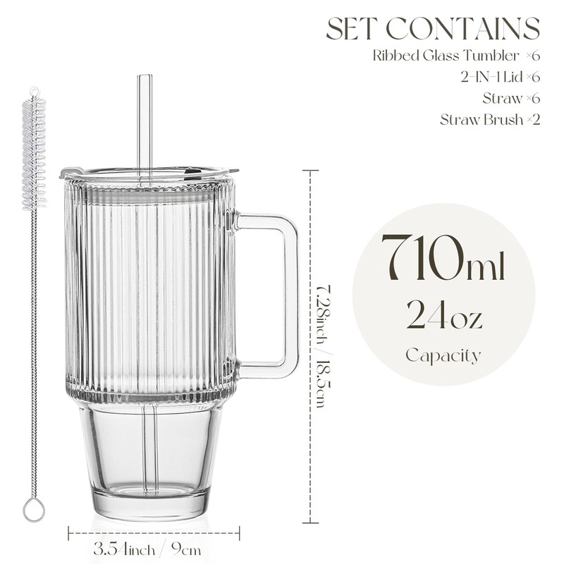 KEMORELA 6-Pack 24oz Glass Cups with Lids and Straws, Ribbed