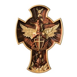 BGCOPPER Saint Michael Cross Wall Decor, Wooden Holy Trinity Crucifix Wall Cross, Jesus Cross for Wall Hanging Christmas Gift (10 Inch)