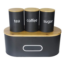 SOTECH Kitchen Canisters Set Large Metal Bread Box and 3pcs Round Jars Coffee Sugar Tea for Countertop Bread Snack Storage Bin with Bamboo Lid (Black)