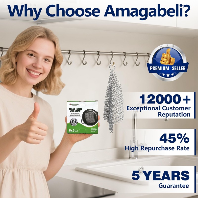 Amagabeli Cast Iron Cleaner 8"x6" 316L Stainless Steel Chainmail Scrubber