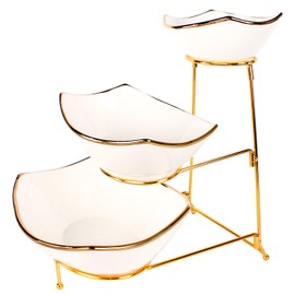 jinsongdafa 3-Tier Serving Rack Ceramic Bowls, Foldable Gold Stand with 7.1"/8.5"/10.2" Gold Rim Bowls, for Food Display, Fruit, Dessert, Decoration for Parties Entertaining 3-Tier Rack