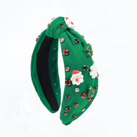 Soochat Christmas Knotted Headband Xmas Tree Snowman Snowflake Rhinestone Headband Red & Green Jeweled Crystal Hair Band Holiday Outfits Accessories Gifts (Green)