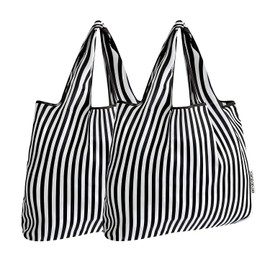 allydrew Foldable Tote Nylon Reusable Grocery Bag (Set of 2), Black Stripes