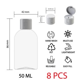 Gepack Pack of 8 50ml Reusable Plastic Travel Bottles | Created with Recycled Material and Renewable Energy