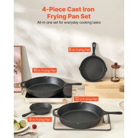 4-Piece Cast Iron Skillet Set Pre-Seasoned Chef's Dutch Ovens with Heat-Resistant Silicone Handles Sizes 6 8 10 12 InchesProduct Size: 6-8-10-12 in