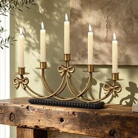 MOSANEE 5-Arm Brass Candelabras with Black Wooden Base, Vintage Cast Iron Wedding Candlestick Holders for Taper Candles,Decorative Bows Candle Holders for Table Centerpiece,Fireplace（Antique Gold）