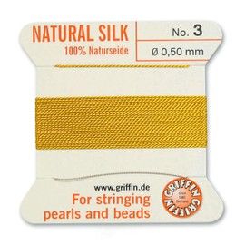 Griffin Silk Bead Cord Perlseide – Yellow Color – Size 3 (0.50mm) – 2 Meters per Card – Stainless Steel Needle Attached – for Knotting Pearls, Gemstones, Crystals and Beads