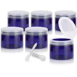 Cobalt PET Plastic (BPA Free) Refillable Low Profile Storage Empty Containers Jar with Clear Natural Flip Top Cap - 12 oz (6 pack)