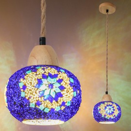 Turkish Moroccan Mosaic Hanging Lamp – Hardwired Pendant Light Fixture with 4.6FT Hemp Rope & Solid Wood, Handmade Stained Glass Tiffany Style Ceiling Chandelier for Bedroom Living Room Decor