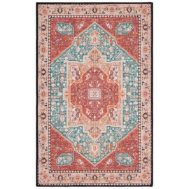 SAFAVIEH Tucson Collection Accent Rug - 2'6" x 4', Aqua & Rust, Traditional Design, Washable & Slip Resistant, Ideal for High Traffic Areas in Hallway, Bathroom & Home Office (TSN150J-24)