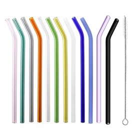 Colorful Glass Straws - 12 Pcs Reusable Drinking Straws with Cleaning Brush, 200x8 mm for Beverages, Shakes, Milk Tea, Juices