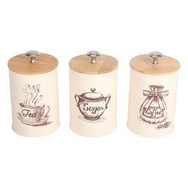 Kitchen Containers Set of 3 for the Coffee Bar -Metal Containers for Coffee, Tea, Sugar, Kitchen Storage & Organisation- Coffee Tea Sugar Mental Canister Set with Airtight Bamboo Lids