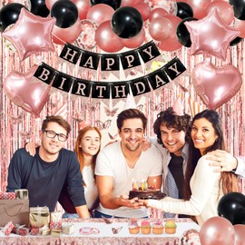 ZERODECO Rose Gold Black Birthday Party Decorations, Tableware Happy Birthday Banner Fringe Curtain Foil Confetti Balloons Butterfly Stickers for Women Girls Birthday Princess Party