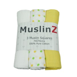 MuslinZ Baby Muslin Squares Burp Cloths 3 Pack 100% Pure Cotton, 70cms, Baby Essential, Soft Breathable and Absorbent (Yellow Combo)