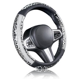 AUTOYOUTH Leopard Leather Steering Wheel Cover for Women Girls with Bling Bling Crystal Rhinestones Anti-Slip Cute Car Wheel Protector Universal 15 Inch Fit for Vehicle, Car, Auto, SUV, Black Silver…