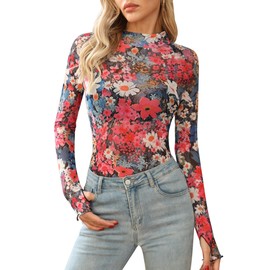 Ugerlov Womens Lace Long Sleeve Mesh Top Floral Mock Neck See Through Going Out Top with Thumb Hole Party Outfits Shirts,G Floral Hot Pink M