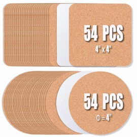 108 Pcs Cork Coasters 4 Inches with Adhesive, Cork Sheets Mats Bulk for Drinks, Plants, DIY Crafts, Office, 54Pcs Curved-Edge Squares Cork Tiles and 54Pcs Round Cork Pads (4"x4", 108pcs)
